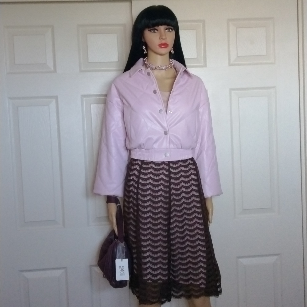 LENA quilted bomber jacket and APT9 lace skirt.